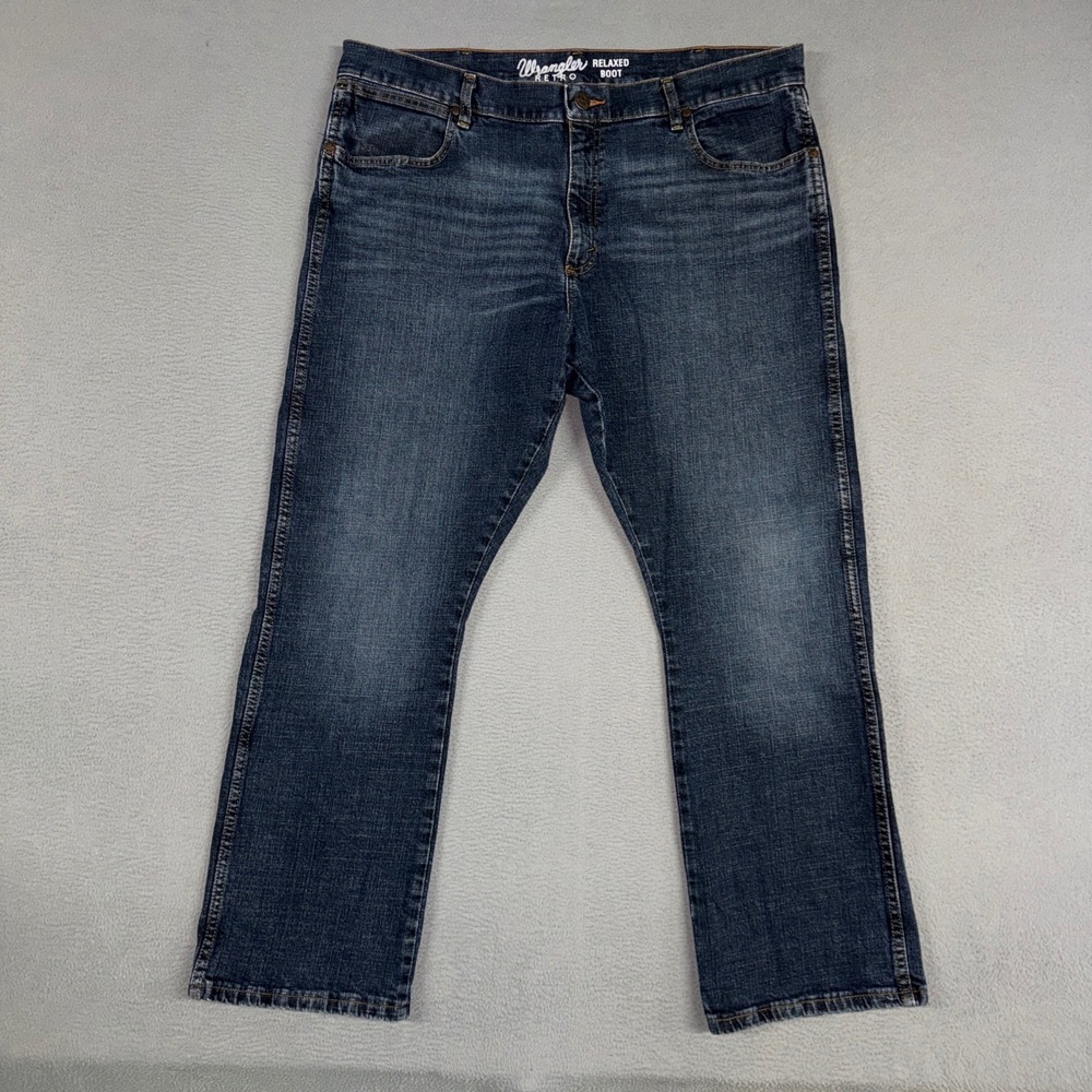 Wrangler Retro Jeans Mens 38x30 BlueRelaxed Boot Dark Wash Distressed Denim